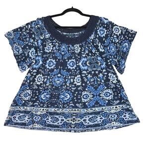 Lucky Brand Top Womens Plus Size 1X Blue Bohemian Floral Crochet Short Sleeve